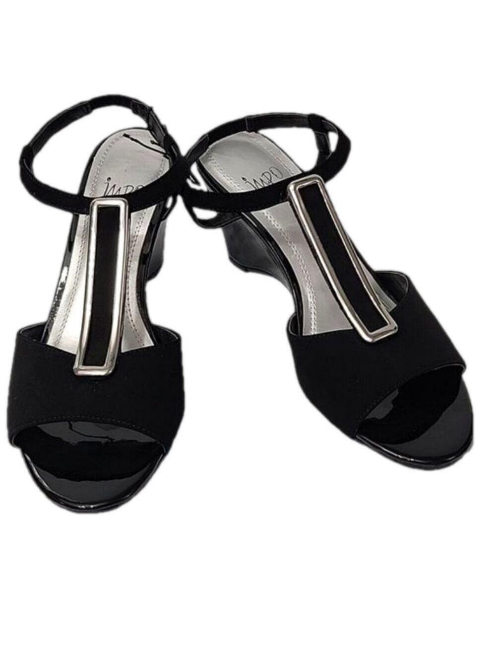 DRESS SANDLES LADIES 8.5 LOW WEDGE BLACK AND SILVER